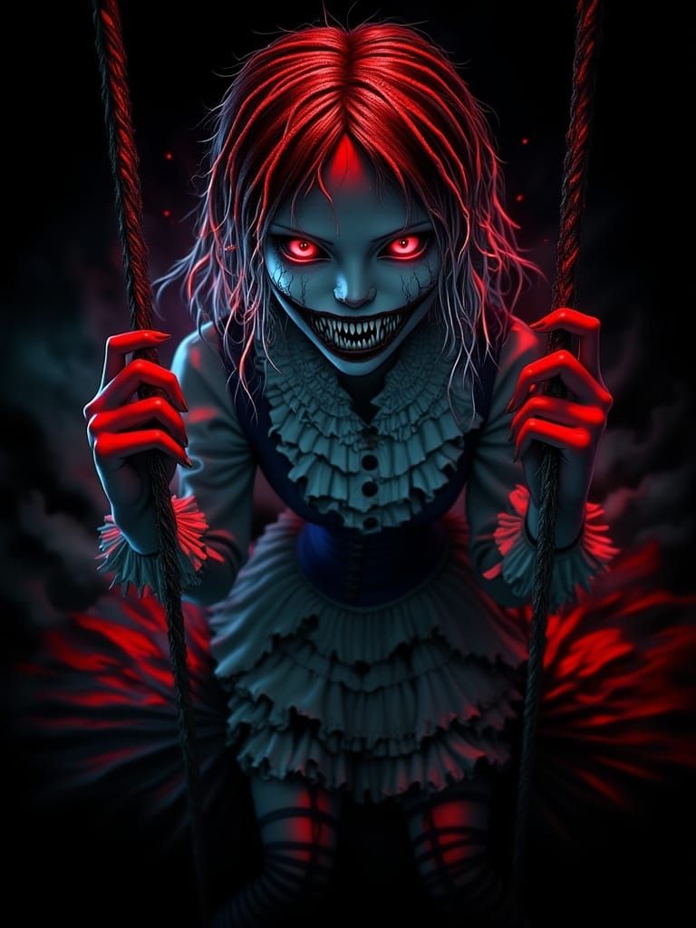 Eerie Cyberpunk Girl on Swing in Dark Horror Scene