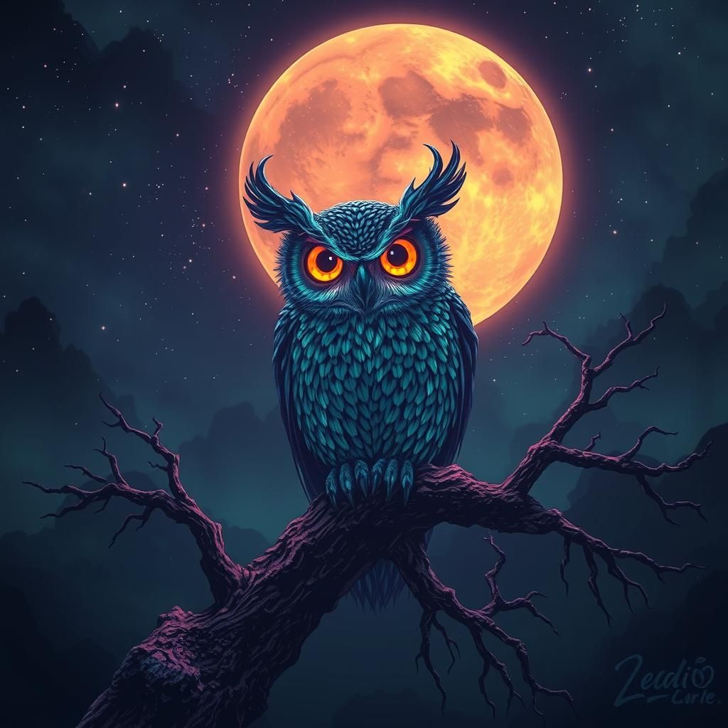 Ominous Owl in Nightmarish Solarpunk Dream