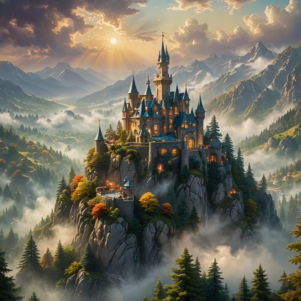 Ethereal Magic Castles in Dreamlike Landscape