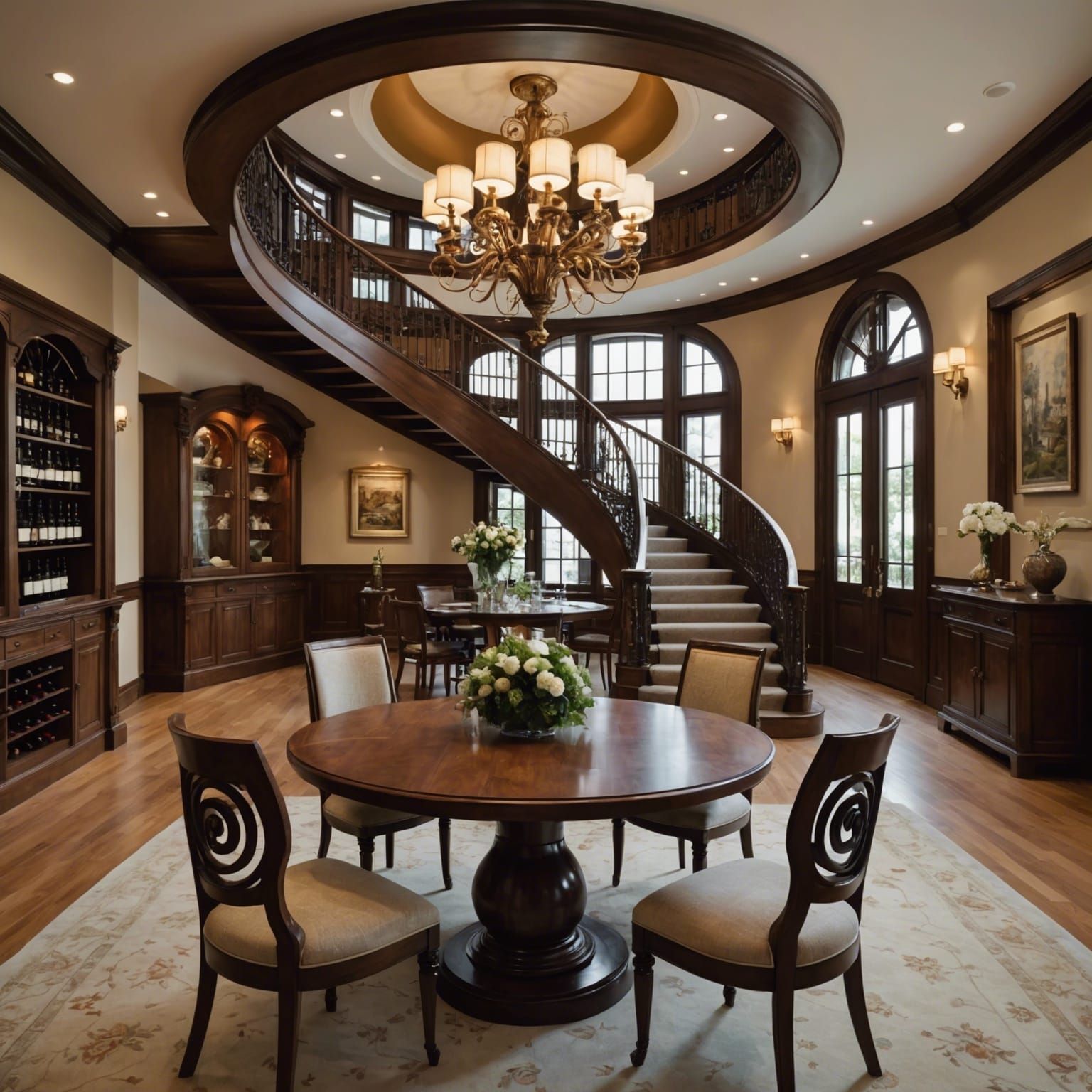 Elegant Dining Area with Curved Wooden Staircase