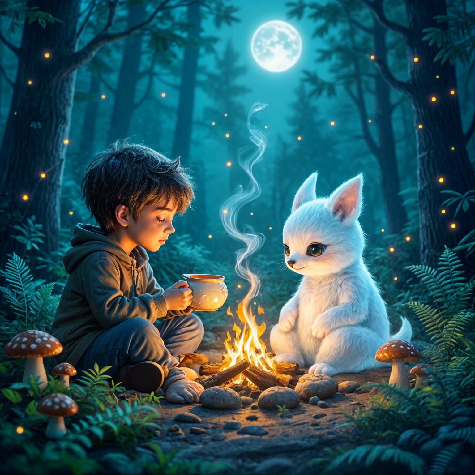 Finn Shares Tea With Forest Spirit by Campfire