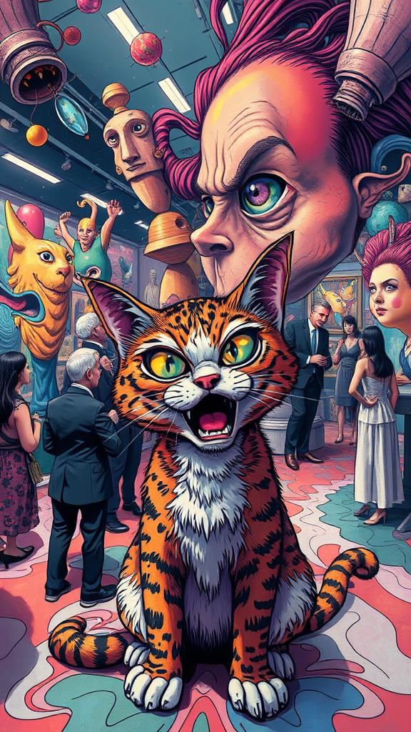 Crazy cat in the style of Ralph Steadman psychedelic art gal...