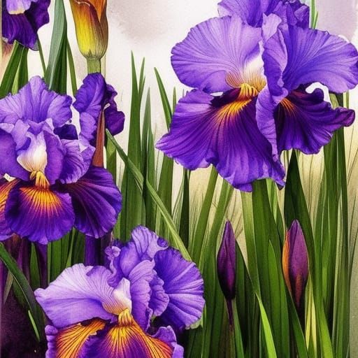 Irises by Pond in Pre-Raphaelite Watercolor Style