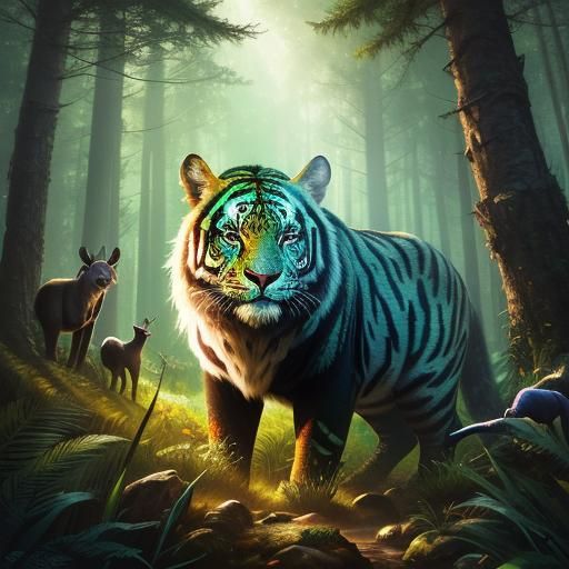 Hyperrealistic Forest Bursting with Wildlife in Splash Art