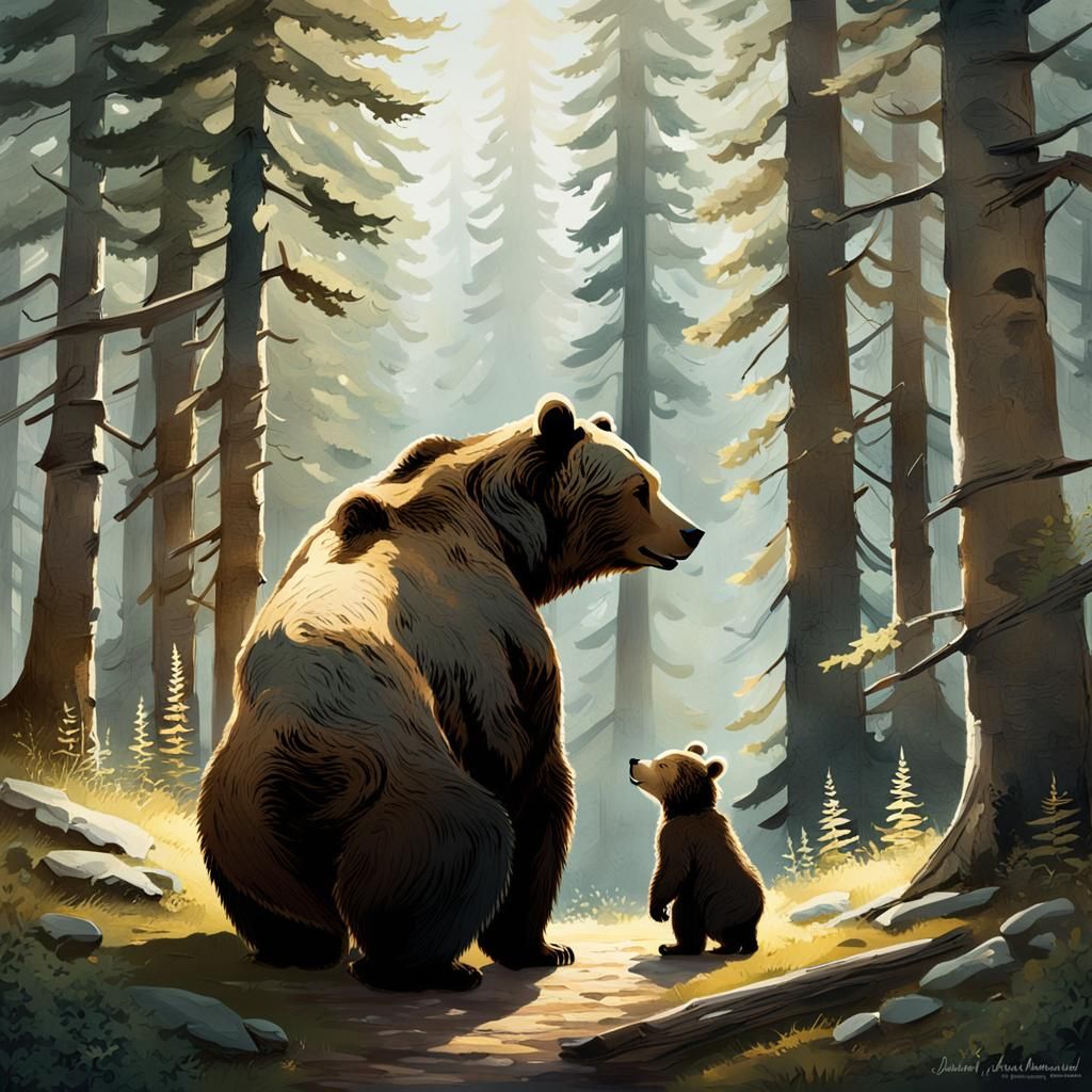 Father Bear Mentoring Cub in Forest Glade