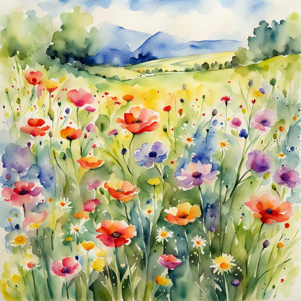 Watercolor Flower Meadow in Bloom