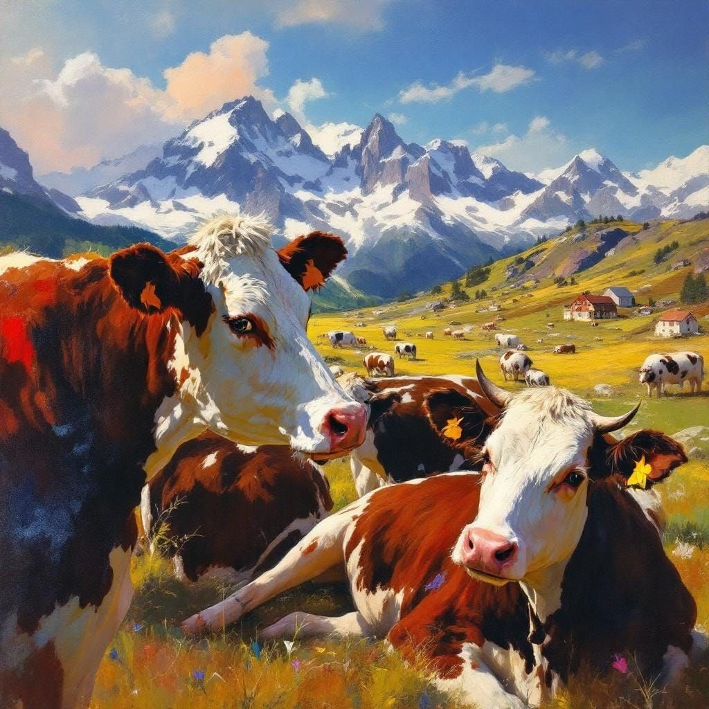 Cows in Swiss Mountains as Impasto Painting