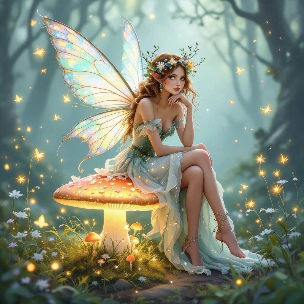 Enchanted Fairy Resting on Glowing Mushroom