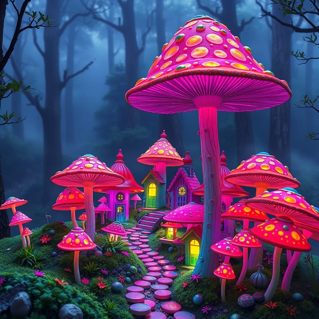 Vibrant Surreal Village in Iridescent Mushroom Hues