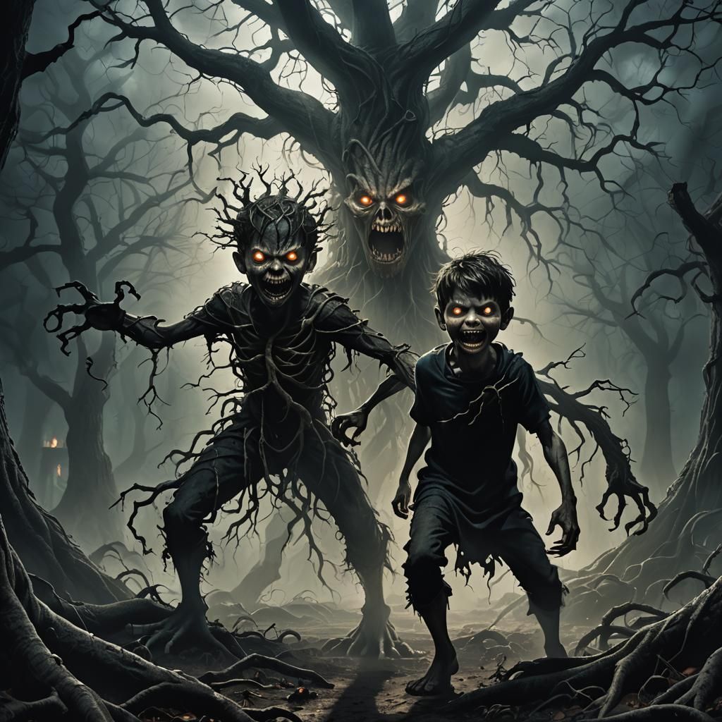 Menacing Dark Fantasy Kid with Glowing Eyes