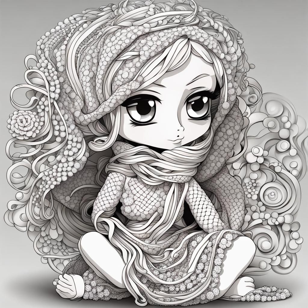 Chibi Crocheting Scarf with Abstract Fractal Elements