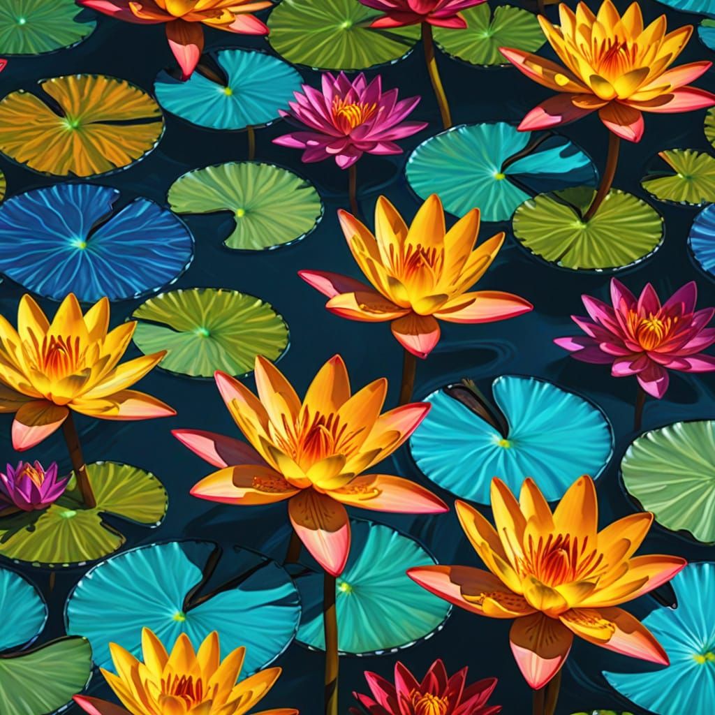 Collage art. Glowing sapphire leaves on golden lily pads. Ce...