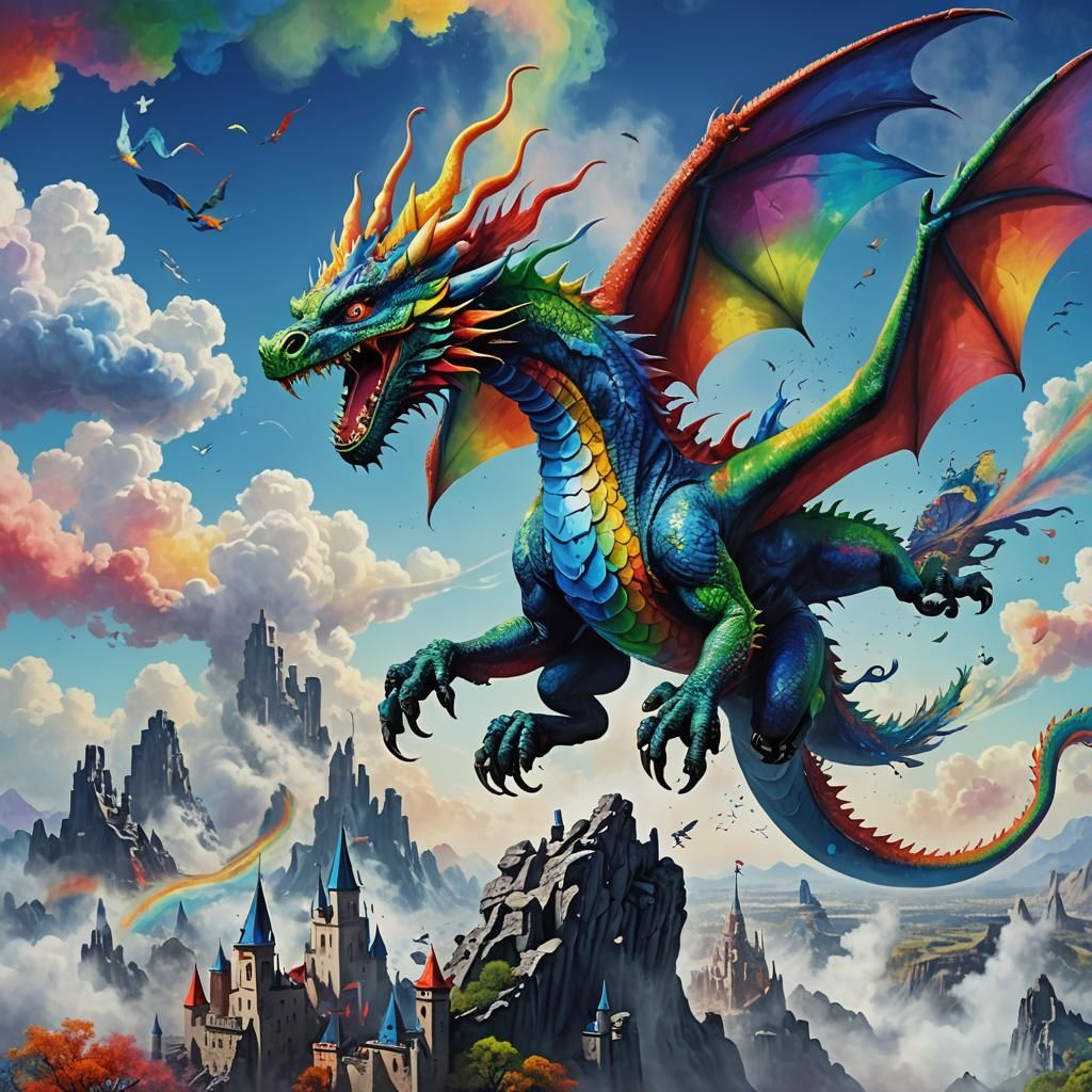 Rainbow Dragon Soaring: Miró-Inspired Fantasy Art