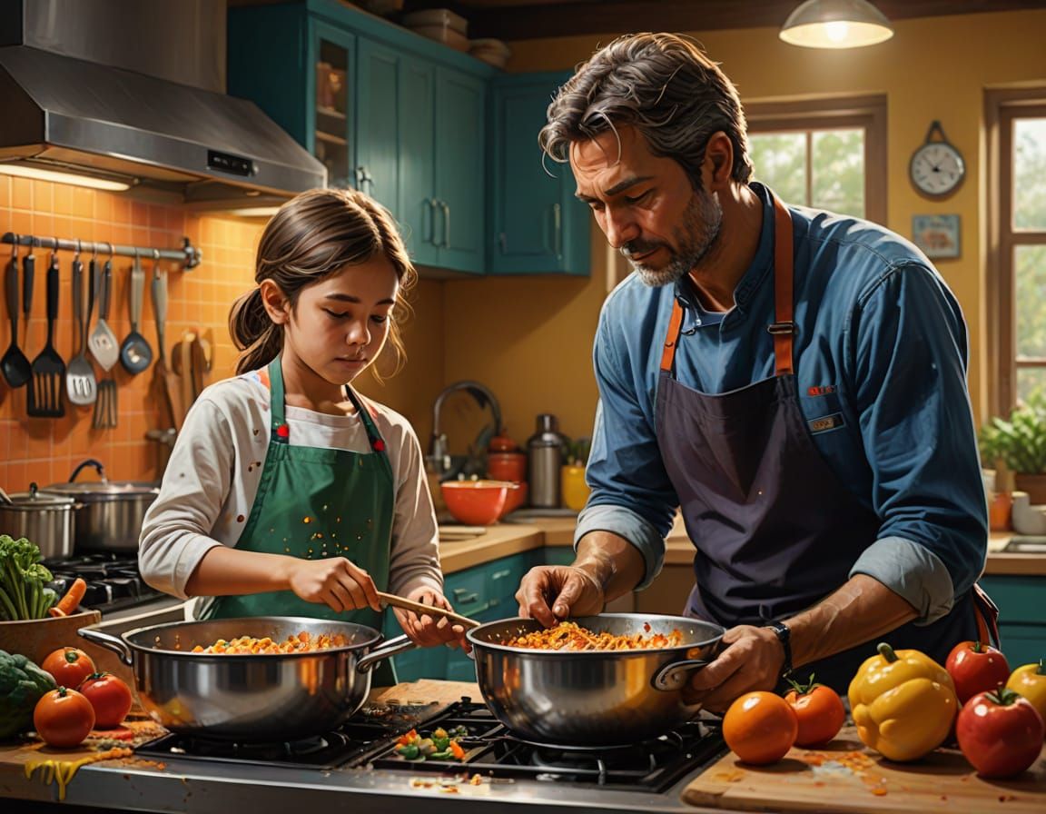 Parent and Child Cooking Together, Hyperrealistic Splash Art