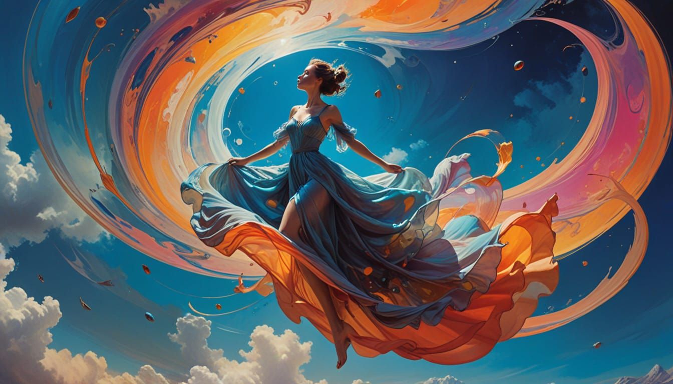 Surrealist Weightlessness: Woman in Vibrant Orbs