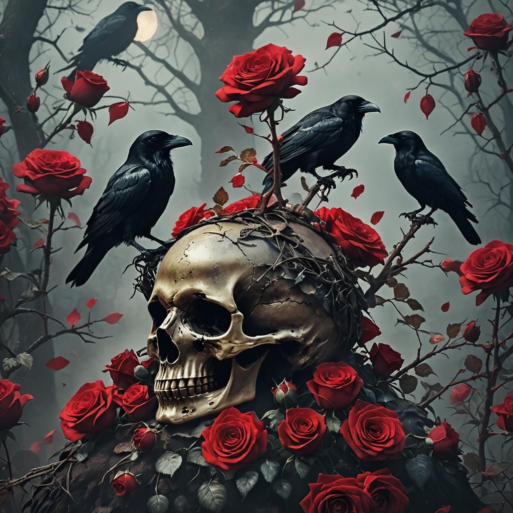Raven and Skull with Roses: Dark Romanticism
