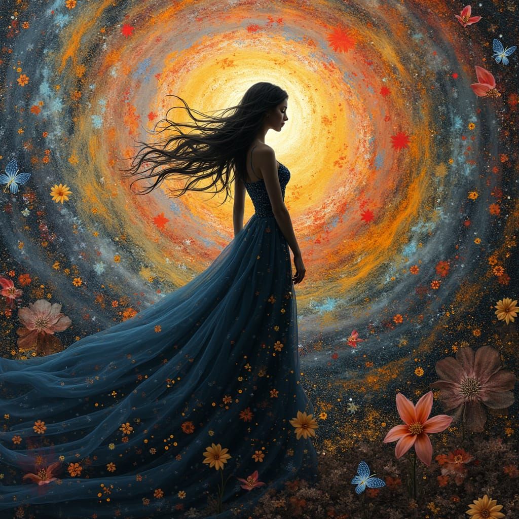 Surreal Silhouette in Flowing Gown: Pointillist Optical Illu...