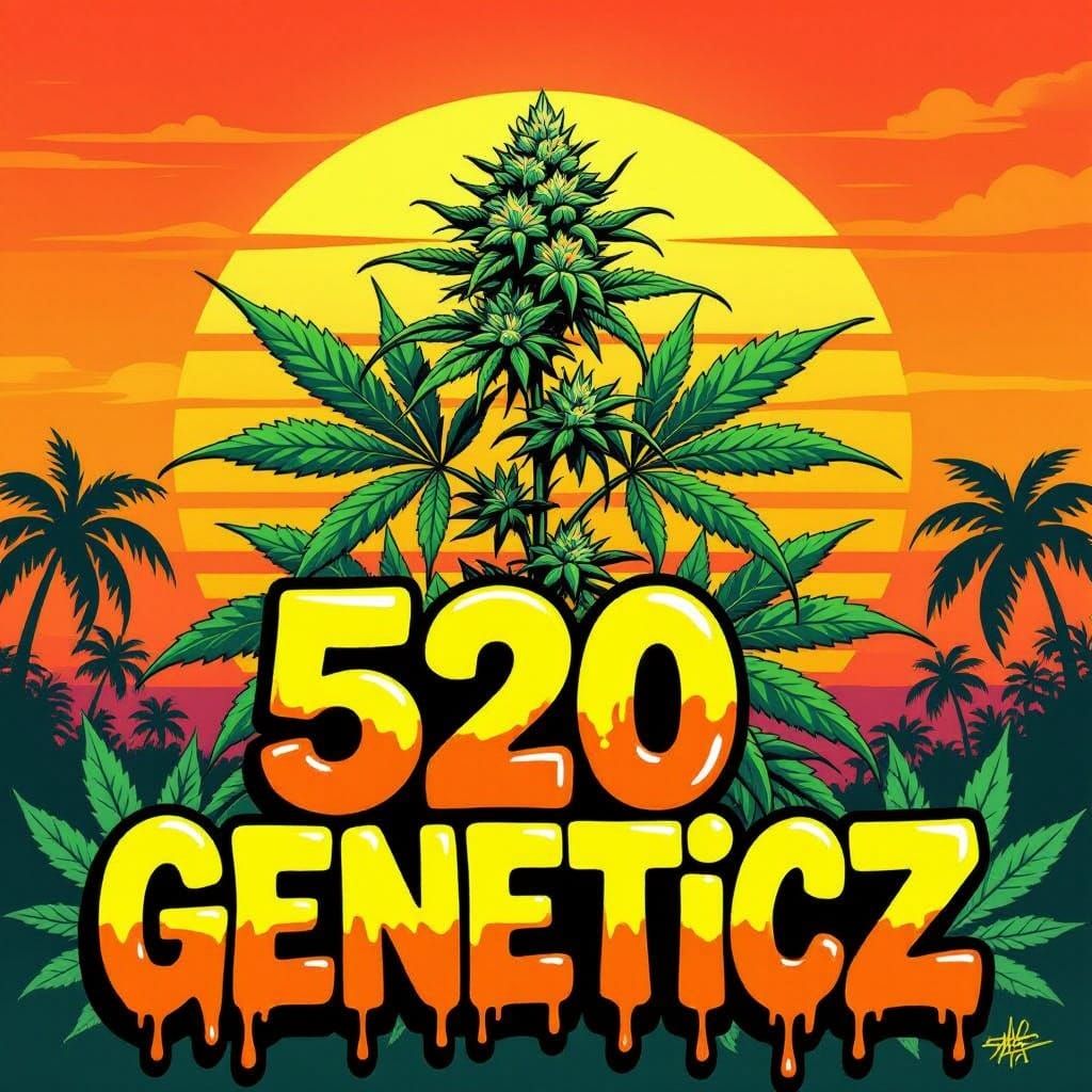 Vibrant 80s Street Art: Melting Cannabis Plant in Tropical S...