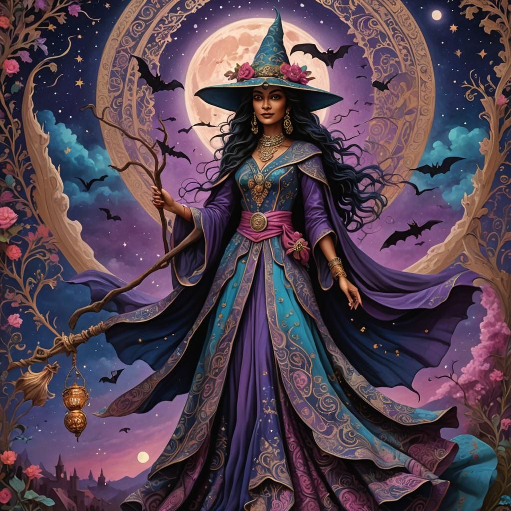 Create a captivating illustration of a South Asian witch as ...