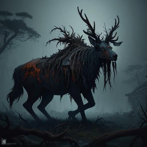 Deer Zombie in Dark Fantasy Landscape Art