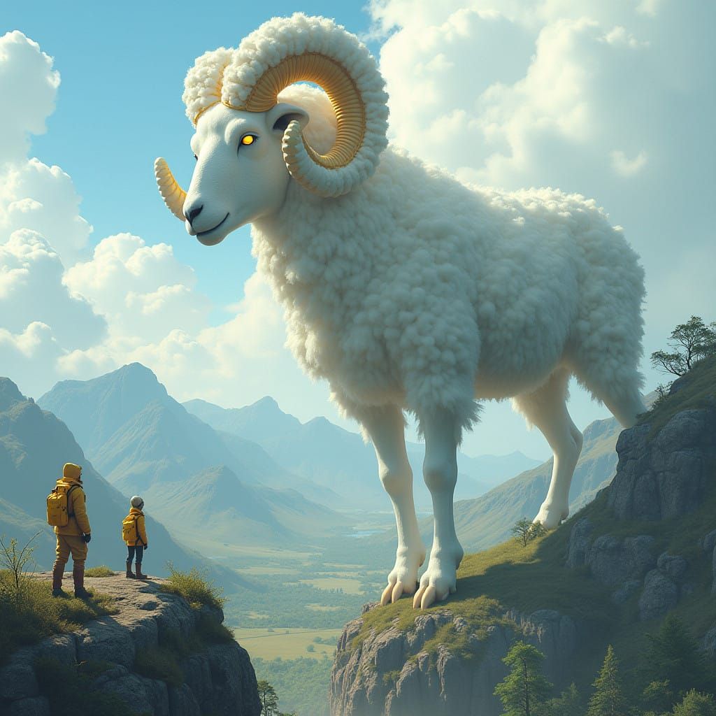 Divine Ram Emerges from the Clouds in a Majestic Surreal Sce...