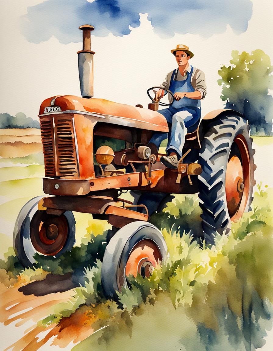 Watercolor Painting of Young Farmer on Old Tractor