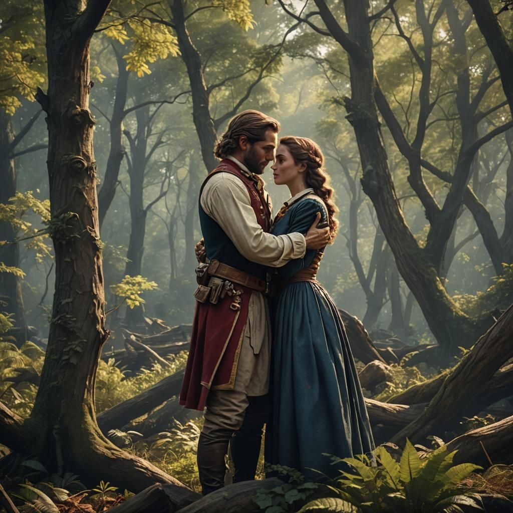Colonial Couple's Embrace in Virginia Wilderness