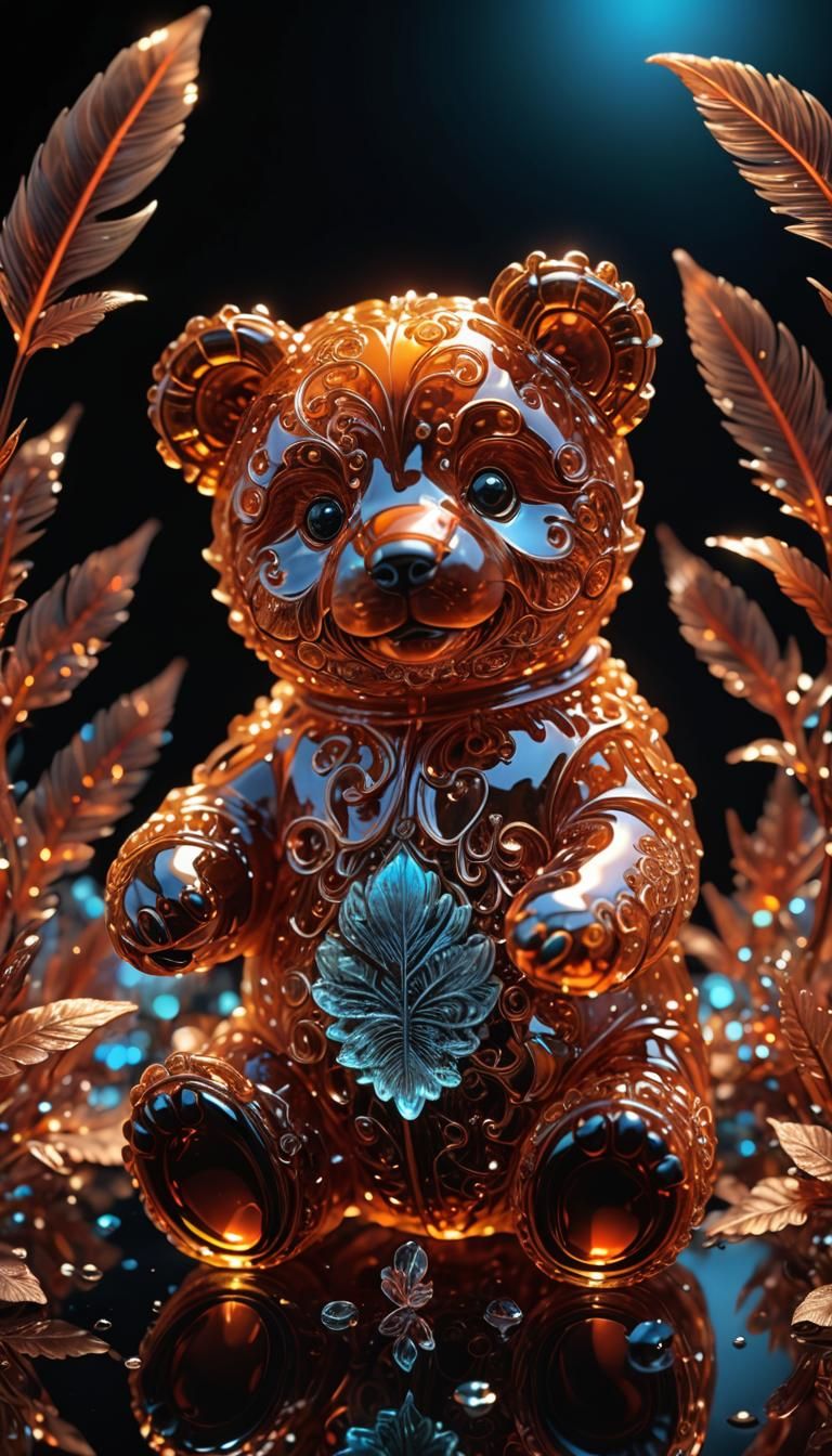 Vermilion Crystal Teddy Bear Sculpture in 3D Anime Art