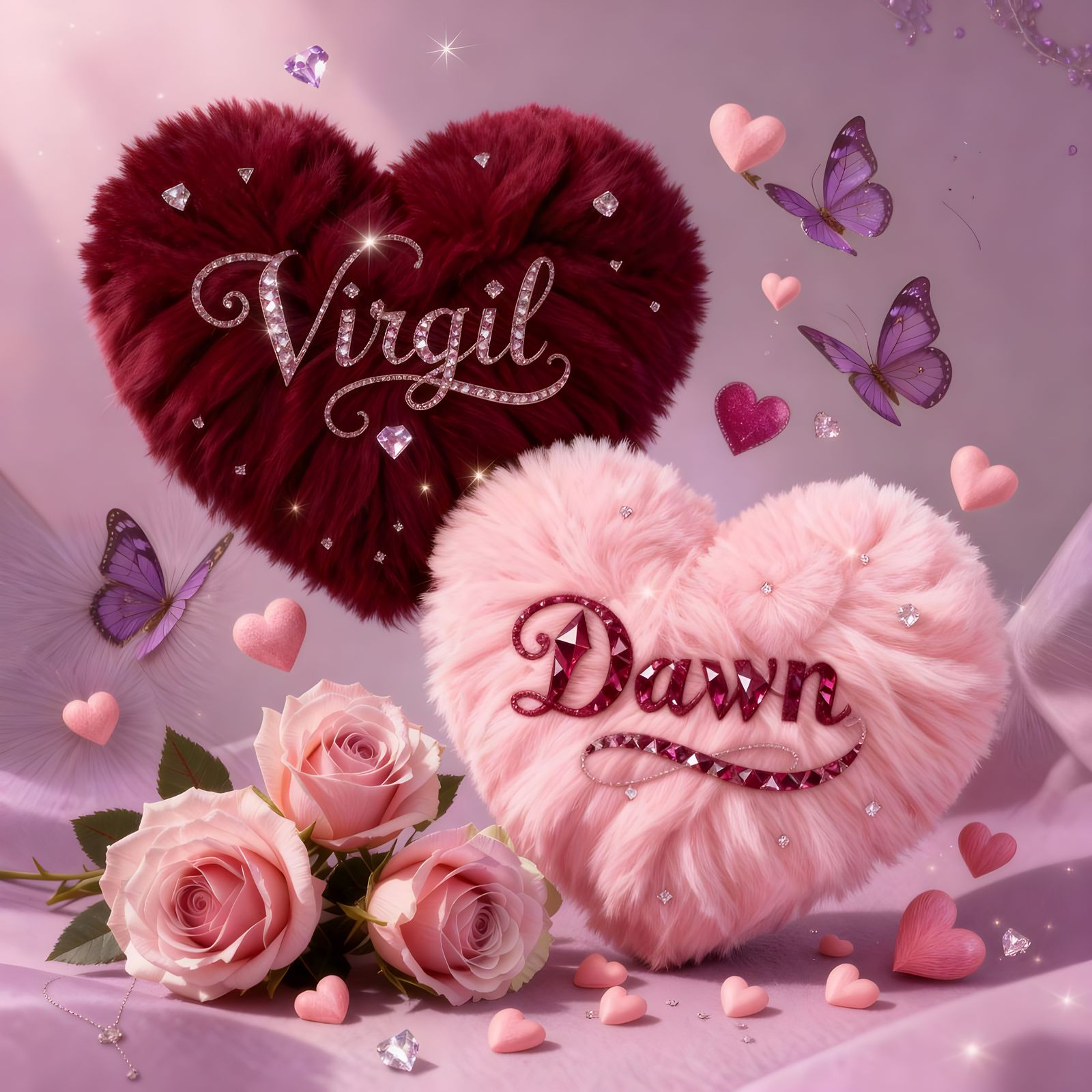 Two Fluffy Purple Hearts with Names and Diamonds