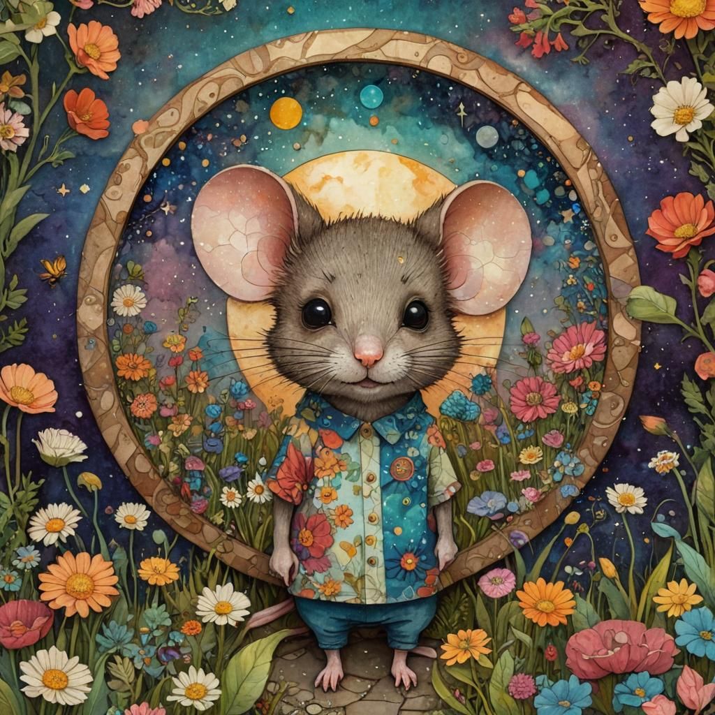 Mouse in Flower Garden: Folk Art Watercolor Collage