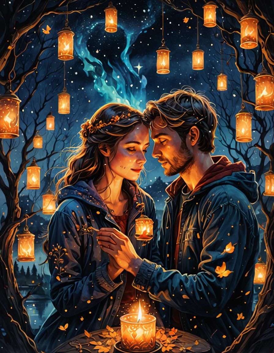Romantic Couple Under Stars in Watercolour Style