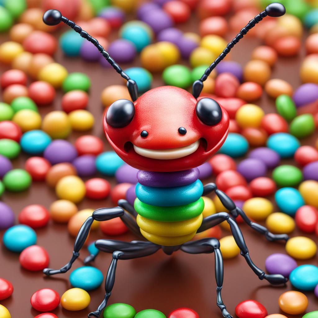 Hyperrealistic Ant in Rainbow Candy Store