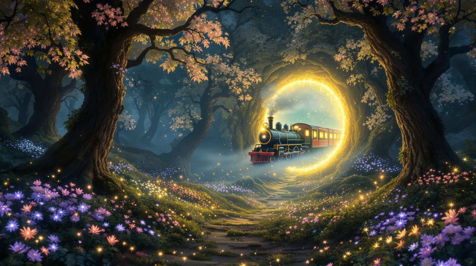 Enchanted Forest Spectral Train in Magical Realism Style