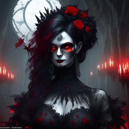 A Gothic Dark Fae with glowing red eyes brooding while she walks the corridors of her palace. There is a dark ominous cl...