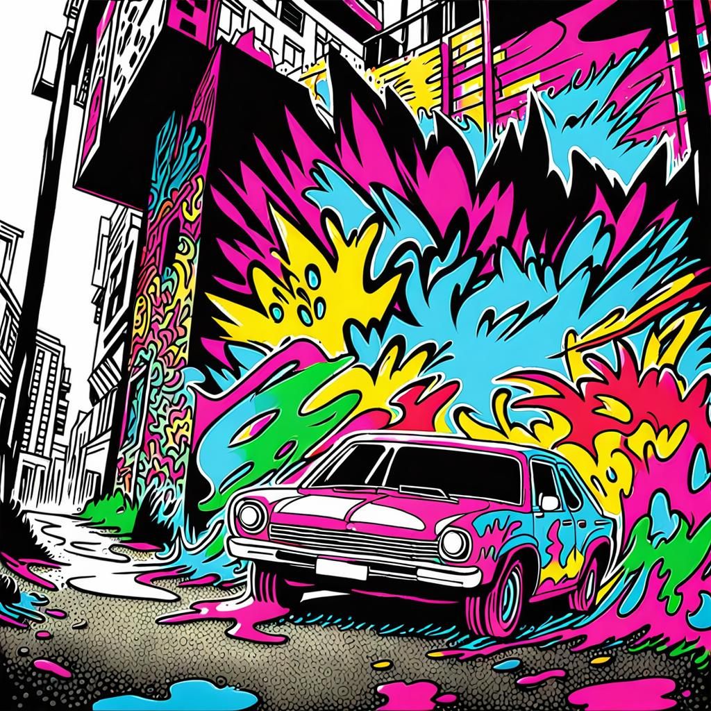 Damaged Car in City: Comic Book Graffiti Art