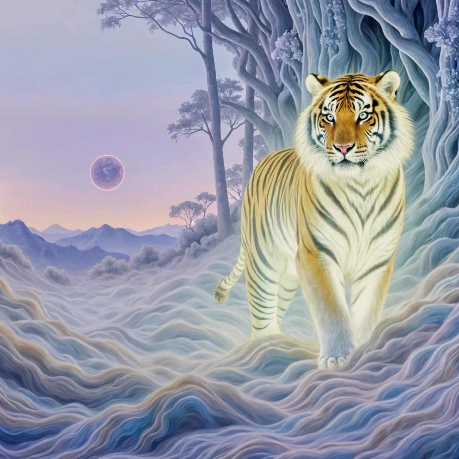 Luminous Tiger Emerging From Pastel Fog Jungle