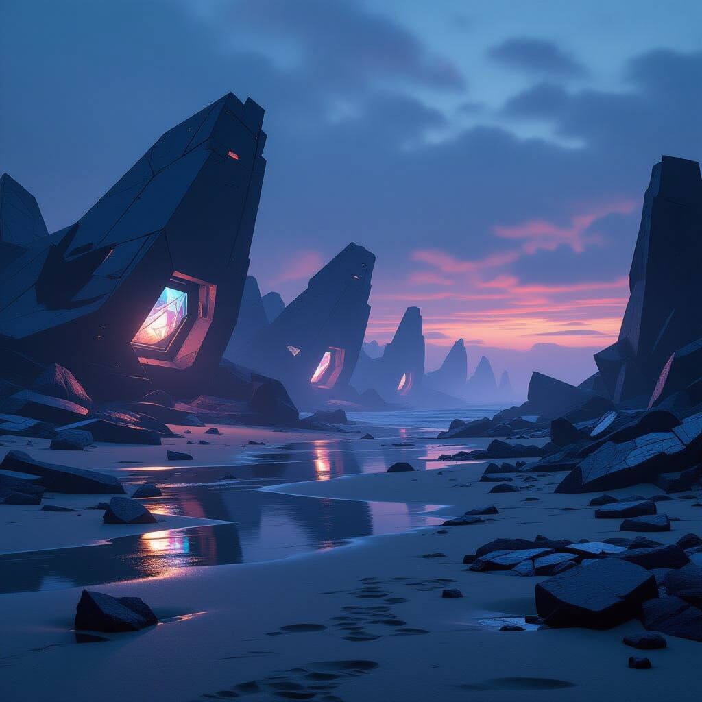 Futuristic Ruins on Desolate Twilight Beach