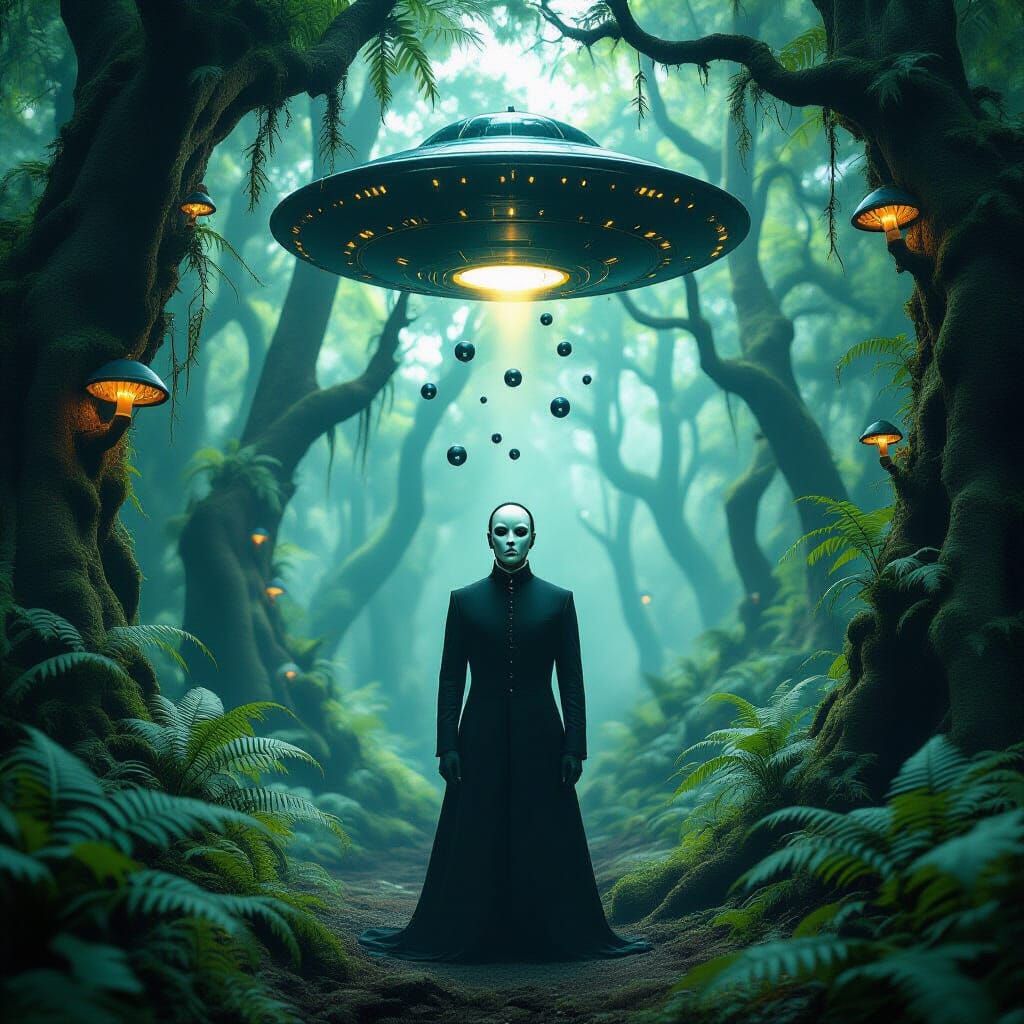 Surreal Man in Black in Alien Forest