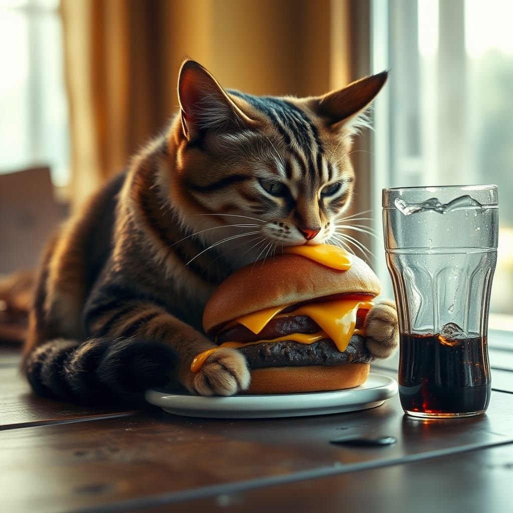 Hyper-Realistic Cat Indulges in Futuristic Fast Food Feast