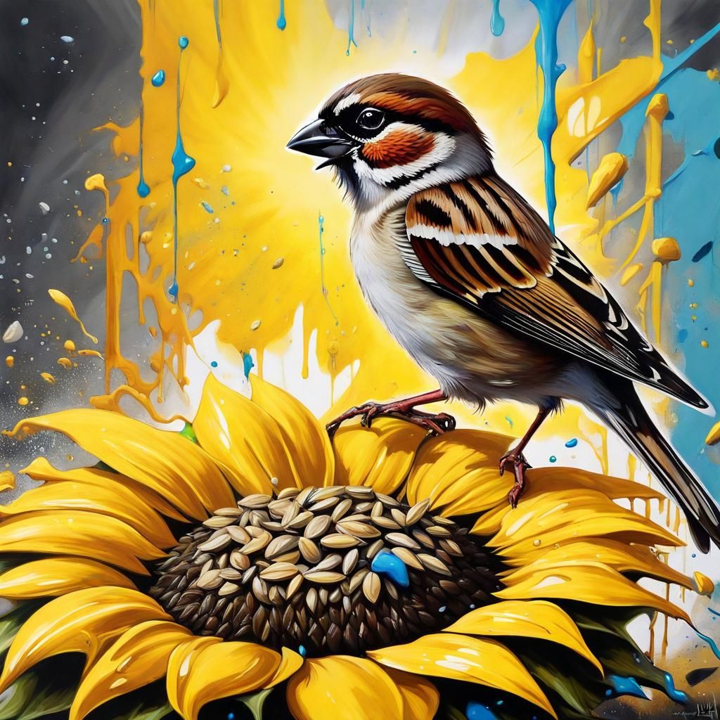 Sparrow Feast: Graffiti Art Sunflower