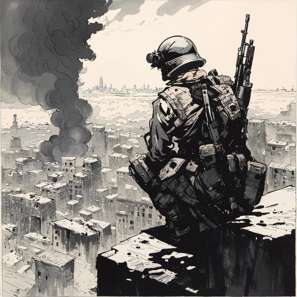 Remorseful Soldier in Ruined City, Monochromatic Art