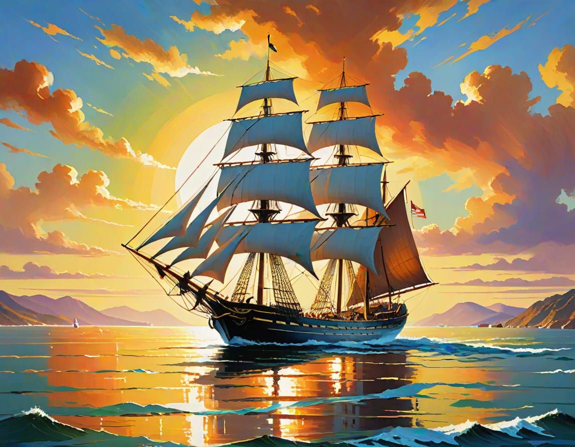 Impressionist Sailing Ship in Gouache Style