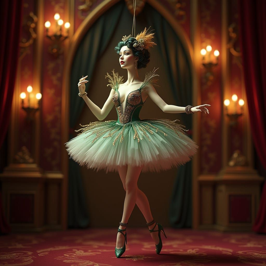 Ethereal Burlesque Ballerina Puppet in Velvet Theater