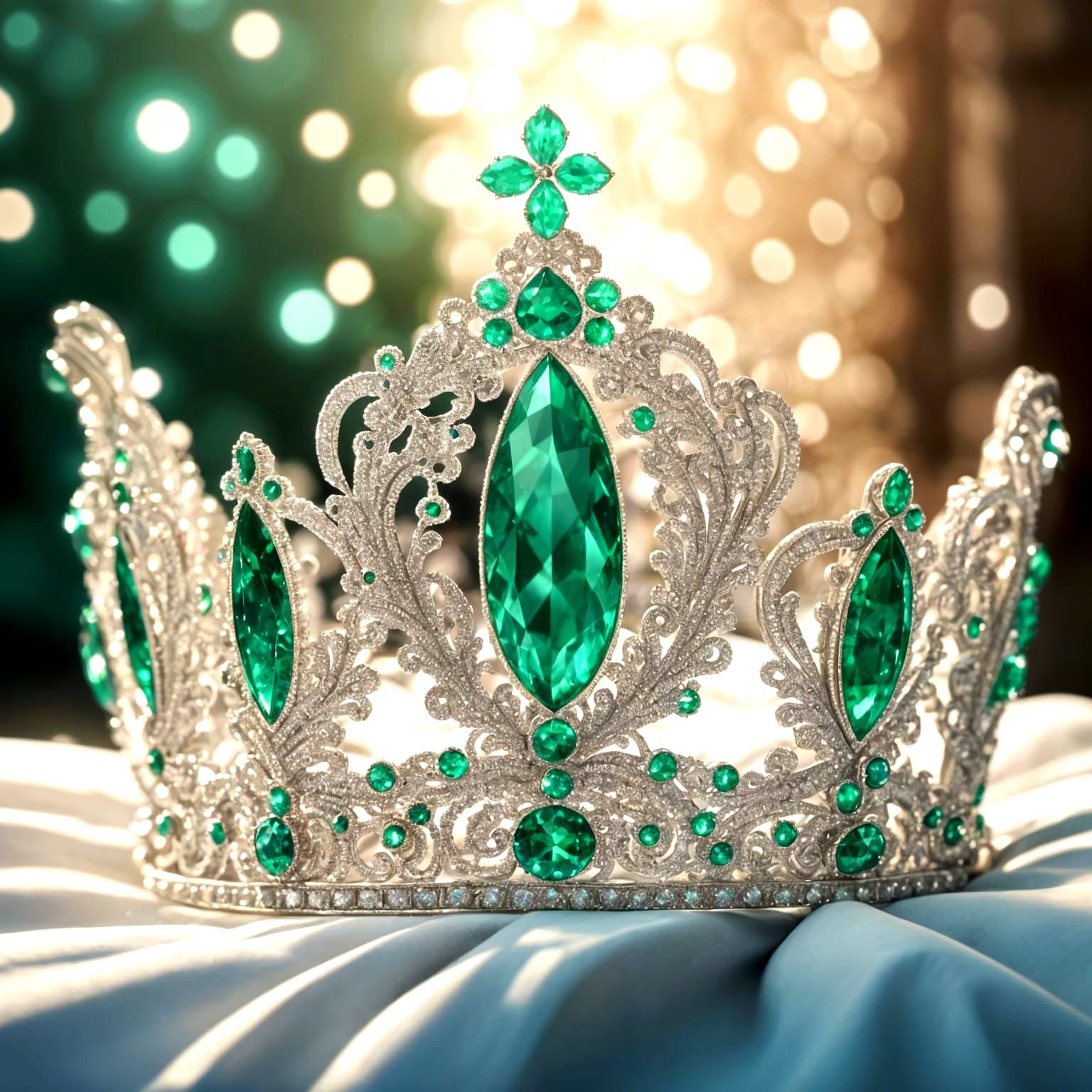 Ethereal Emerald Tiara on Regal White Pillow