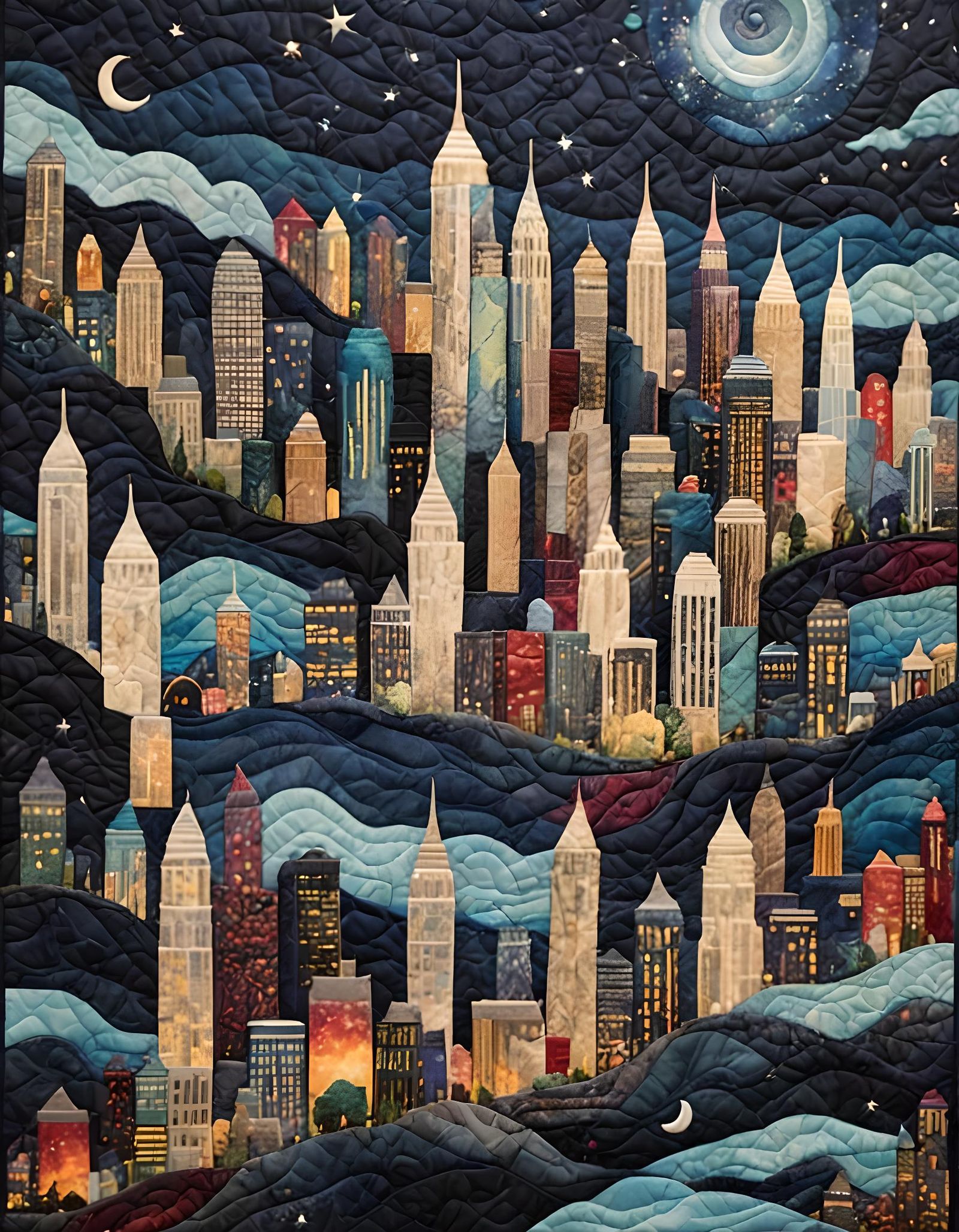 Quilted City Skyline Under Night Sky