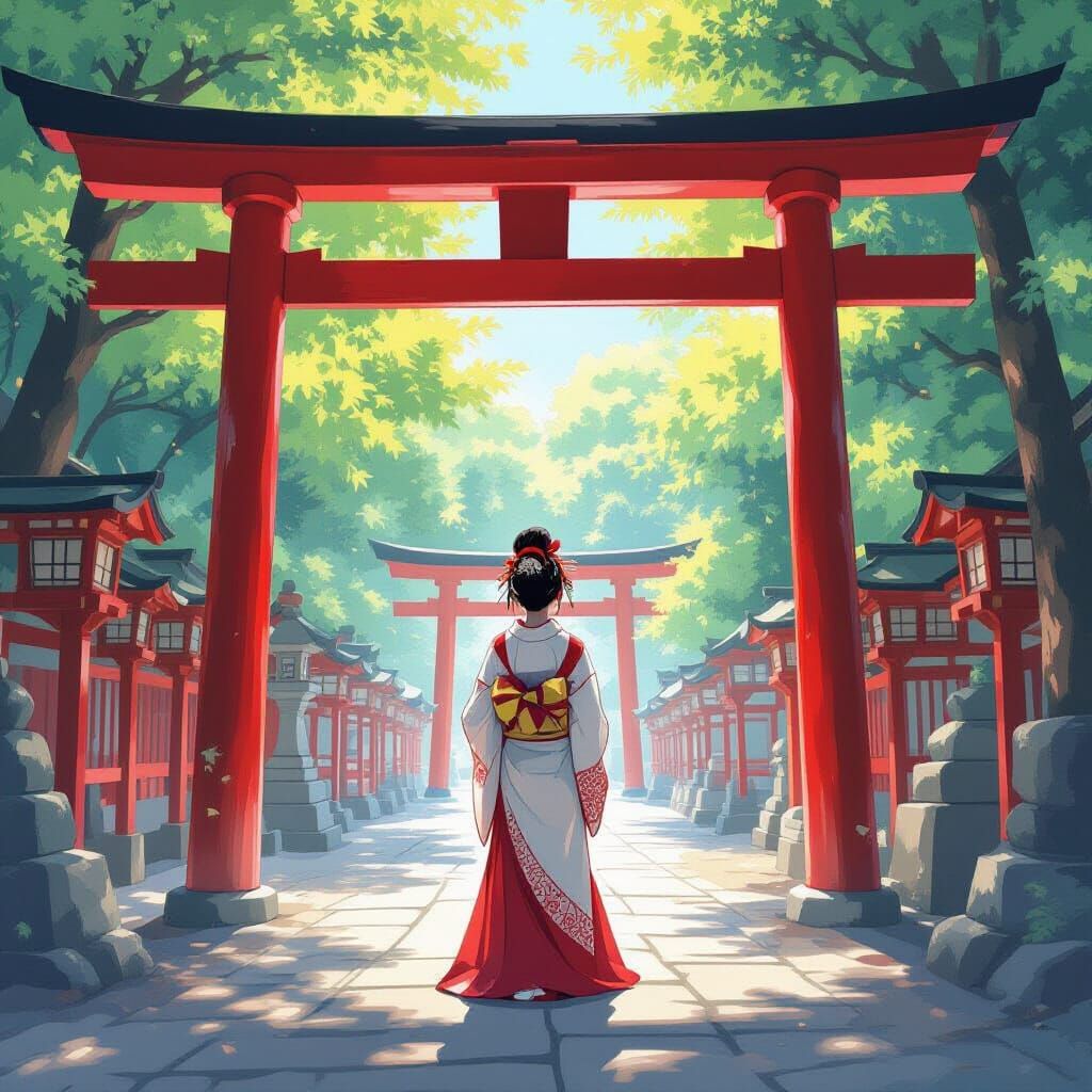 Shrine Maiden Before Torii Gate in Sunlight