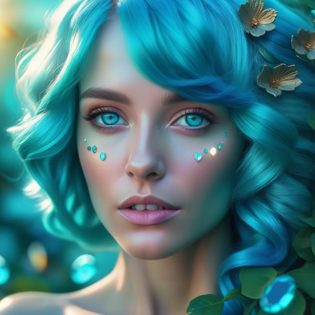 Turquoise Dream: Woman in Gem Garden, Digital Art