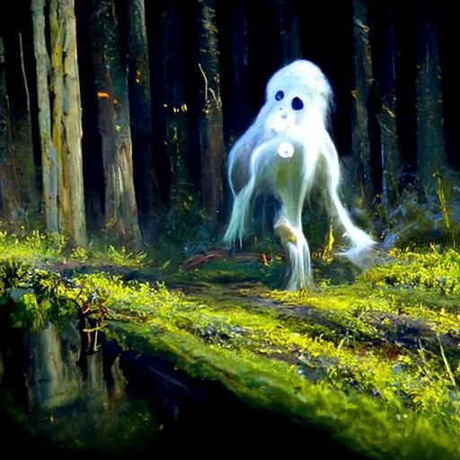 Ethereal Ghost Wanders Magical Forest: Oil Painting