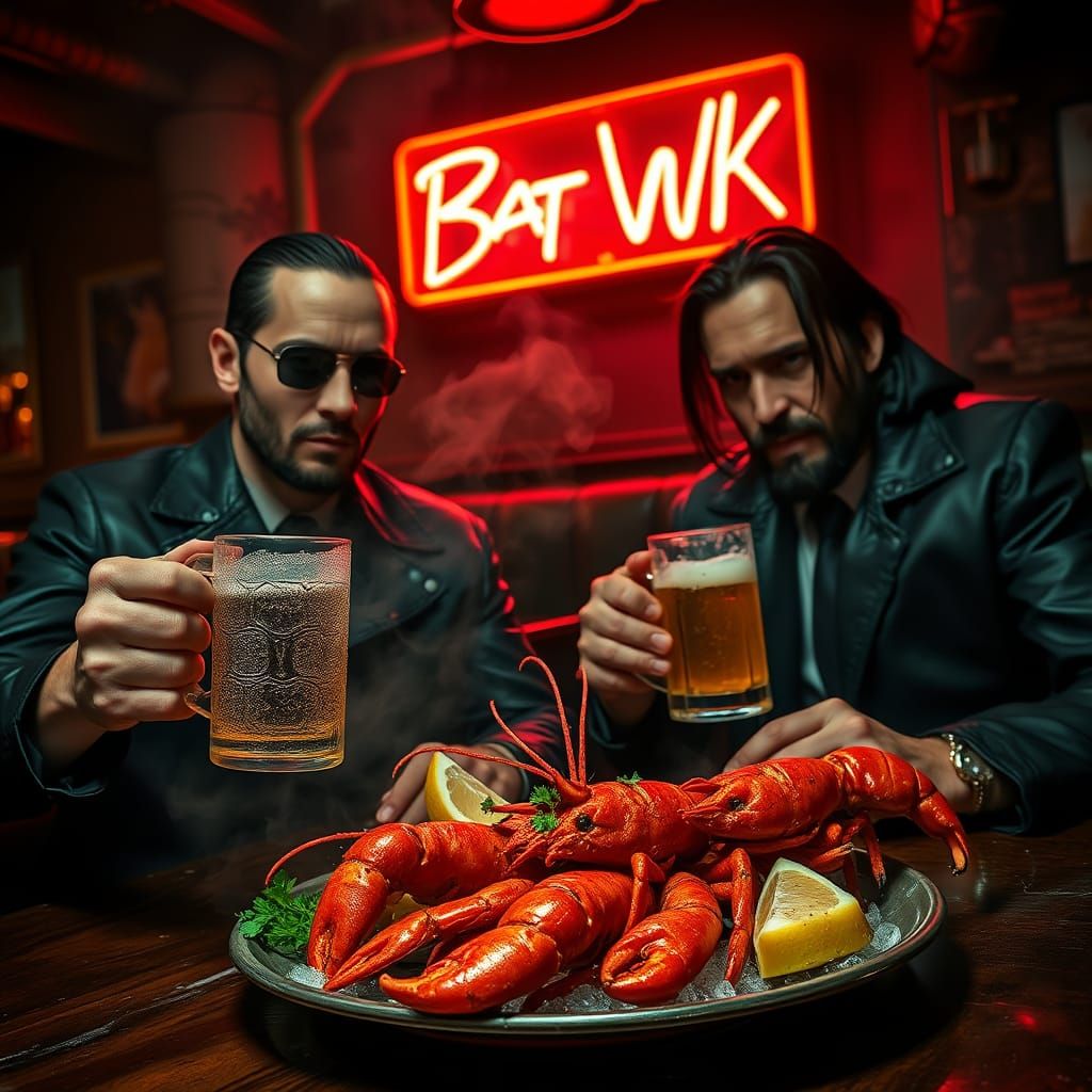 Neo and John Wick Enjoying Beer and Crayfish in a Gritty, Ne...