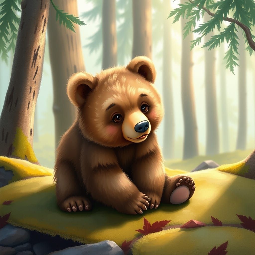 Adorable Grizzly Bear Cub in Whimsical Forest Setting